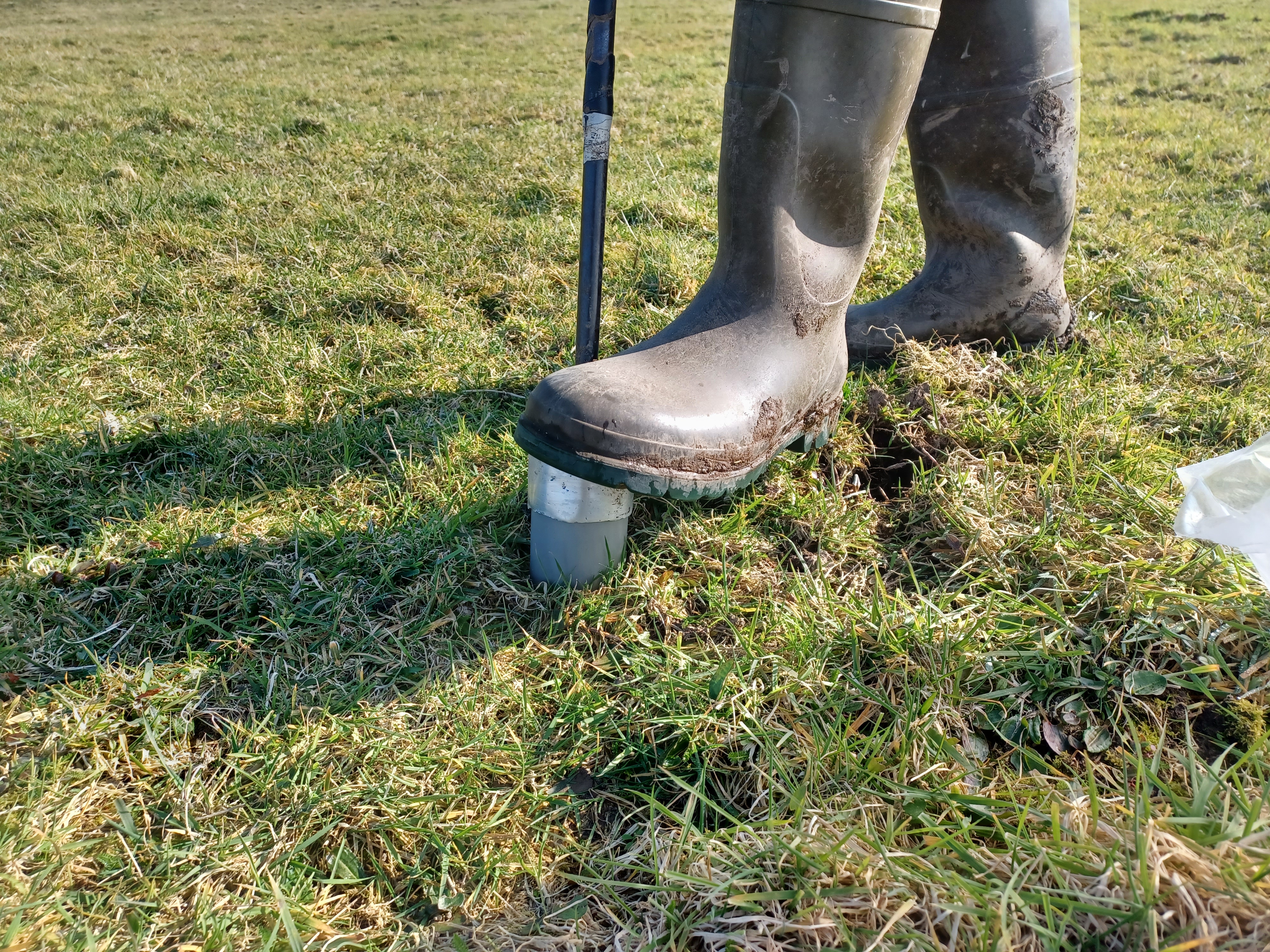 Someone digs a cup into soil with a welly-booted foot