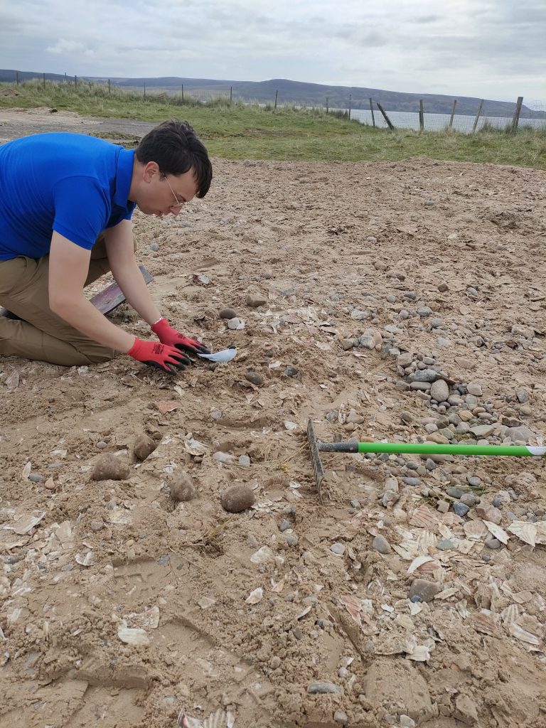 A man kneels down in sand, placing a model tern onto the sand