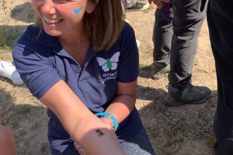 A woman kneels on the ground. She has a moth on her arm, and has a butterfly painted on her face